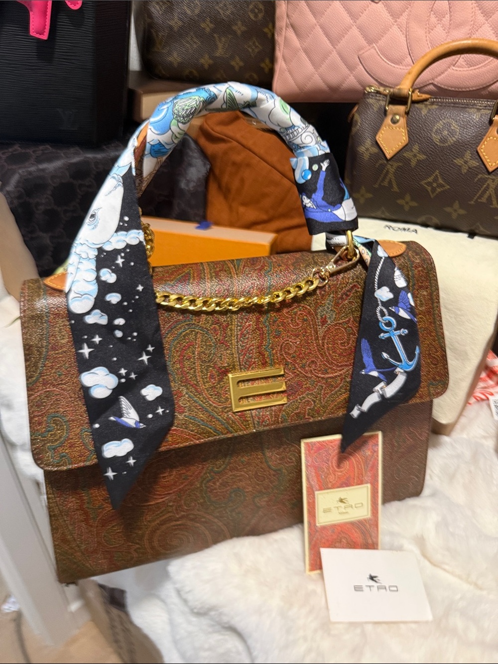 Etro Milano -Textured Brown Satchel with Scarf-Wrapped Handle and Gold Chain